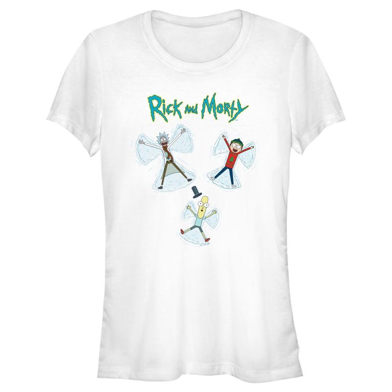 Juniors Womens Rick and Morty Christmas Snow Angels T-Shirt, 1 of 5