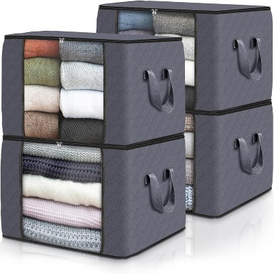Attop 4-Pack Foldable Storage Bags 60L - Thick Fabric Wardrobe Organizers with Handles & View Window for Blankets, Clothes, Quilts (Gray)