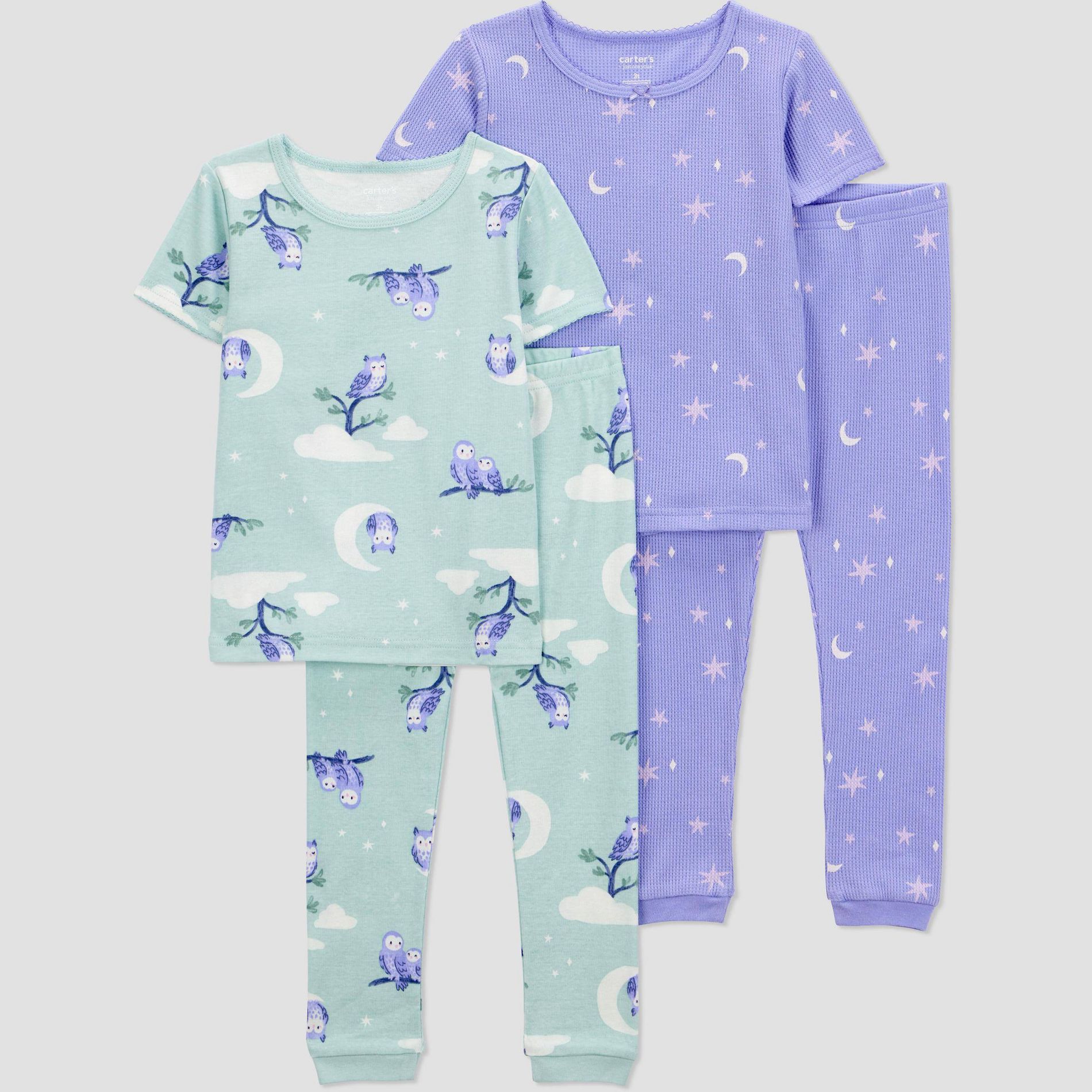 Carter's Just One You® Toddler Girls' 4pc Cotton Short Sleeve Owls and Stars Pajama Set - Green/Purple 18M