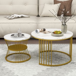 Round Nesting Coffee Tables, Marble Pattern Table with Wood Grain Top, End Tables with Metal Frame for Living Room, Bedroom, White - 1 of 4