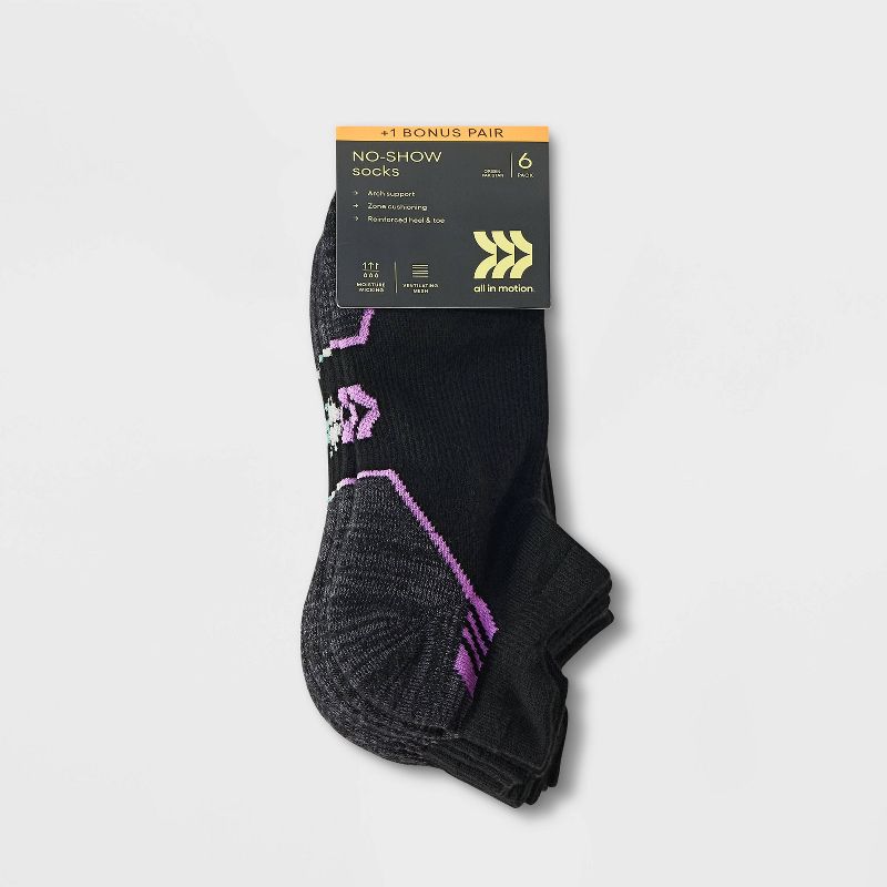 Women&#39;s Cushioned Active Striped 6+1 Bonus Pack No Show Tab Athletic Socks - All In Motion&#8482; Black 4-10, 3 of 5