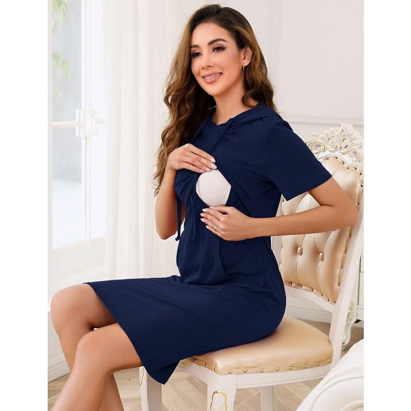 Womens Casual Long Sleeve Maternity Dress Pocket Knee Length Breastfeeding Nursing Hooded Pregnancy Dress, 5 of 7