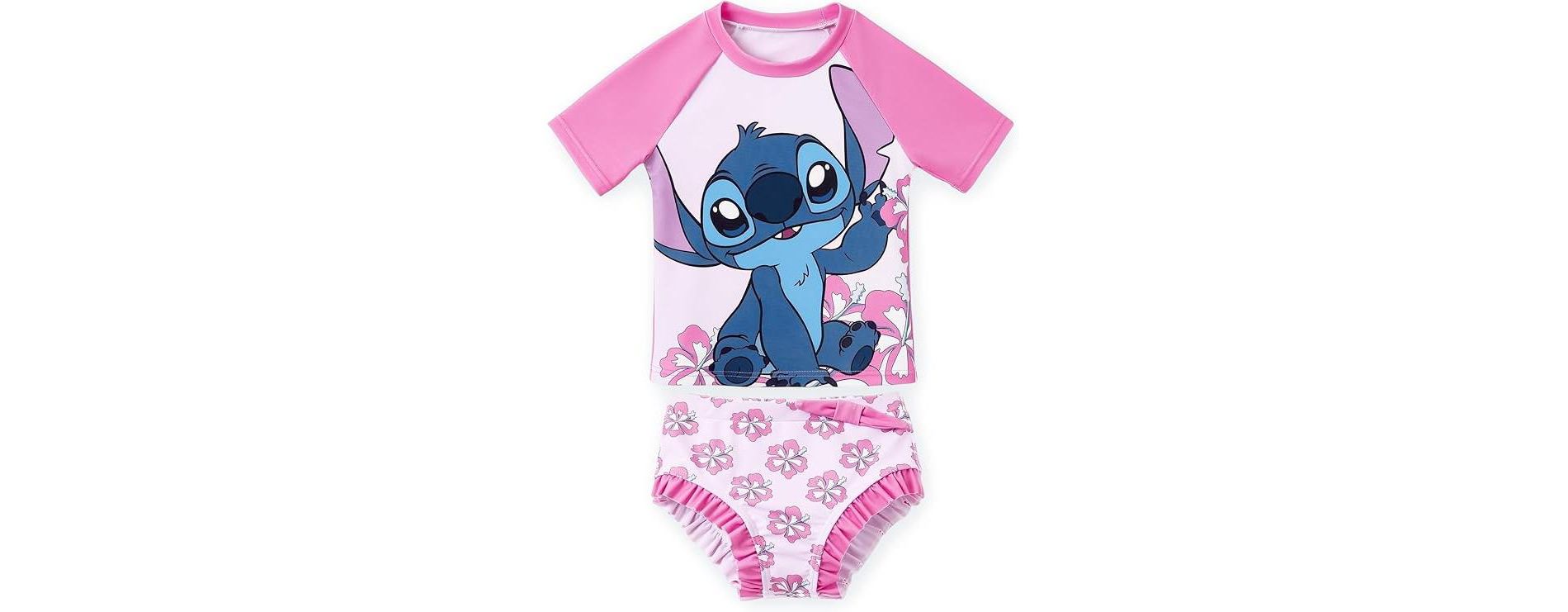 Disney Stitch Kids Girls Summer Holiday Ruffle Swimwear Sets Rashguard Stitch Hot Pink 6-7