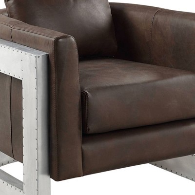 Espresso Brown Leather and Metal Industrial Accent Chair
