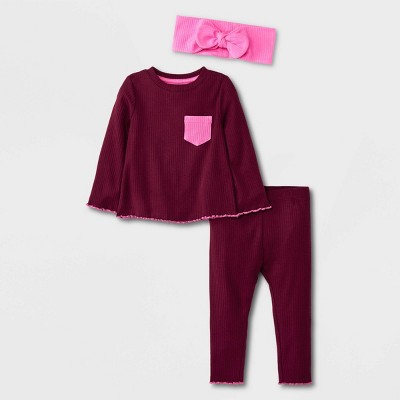 Image of Baby Girls' 3pc Ribbed Top & Bottom Set with Headband - Cat & Jack™ Red 18M