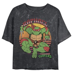 Juniors Womens Teenage Mutant Ninja Turtles Distressed Raphael Sunset Crop T-Shirt - 1 of 4