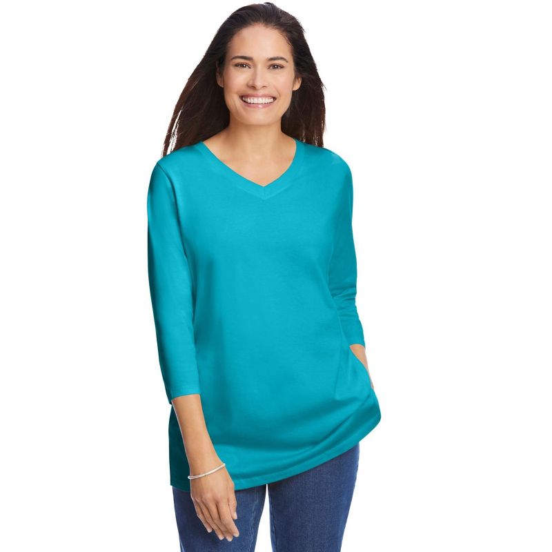 Woman Within Women's Plus Size Perfect Three-Quarter Sleeve V-Neck Tee, 1 of 2