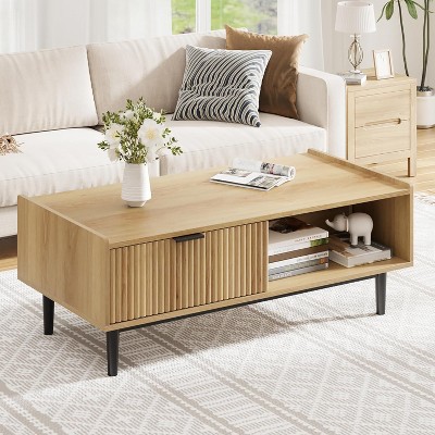 Coffee Table 42.5" Mid Century Modern Center Table with Drawer Fluted Living Room Table with Storage Light Wood Cocktail Table with Open Shelf, Wood