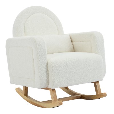 Gulches Cream White Teddy Velvet Accent Rocking Chair, Plush Upholstered Chair with Curved Back & Pillow, Sturdy Wooden Base for Living Room & Nursery