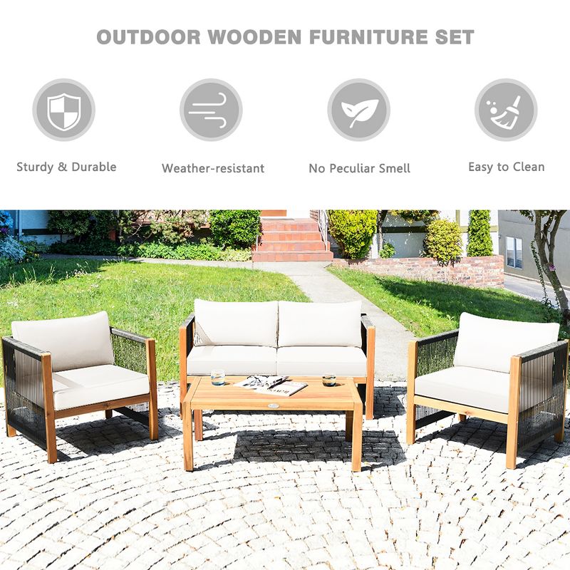 Costway 4PCS Wooden Patio Furniture Set Cushioned Sofa W/Rope Armrest White\Turquoise\Red, 4 of 10