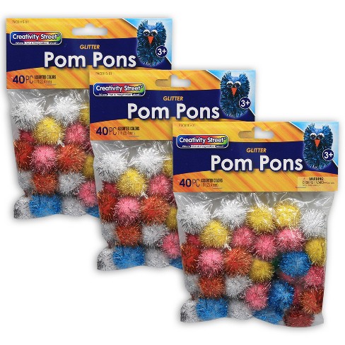 Glitter pom poms. Packs of assorted colour glittery pom poms, in various  sizes