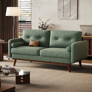 65" Sofa Couch, Mid Century Modern Loveseat Couch with Wood Legs & Trim for Living Room, Bedroom, Office, Linen, Beige - 1 of 4
