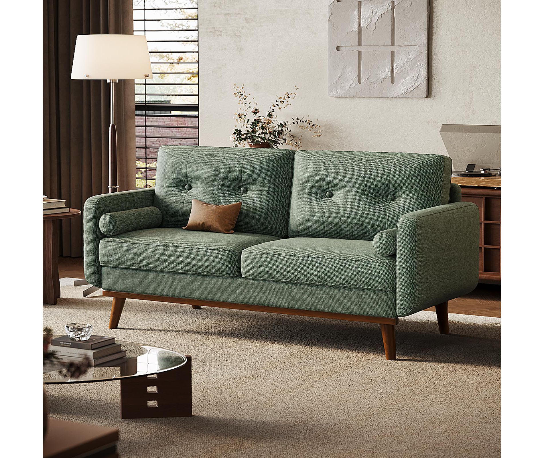 65" Sofa Couch, Mid Century Modern Loveseat Couch with Wood Legs & Trim for Living Room, Bedroom, Office, Linen, Green