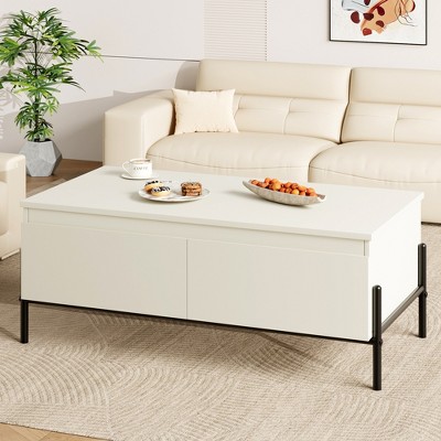 Coffee Table with 2 Handle-free Drawers White Center Table with Open Storage Shelf