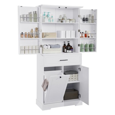 TiramisuBest Freestanding Bathroom Storage Cabinet with Doors & Drawers, Tilt-Out Laundry Hamper, Adjustable Shelf, Multiple Storage Spaces, White