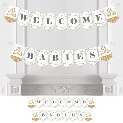 Big Dot of Happiness It's Twins - Gold Twins Baby Shower Bunting Banner - Party Decorations - Welcome Babies
