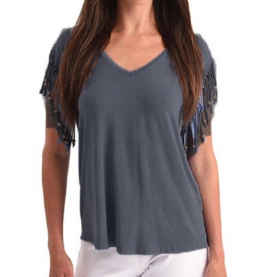 Women's Stone Wash Cut Out Fringe Beaded Sleeve Top - ANGEL