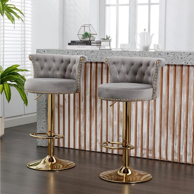 Skran Bar Stools Set of 2 with Tufted Back,Adjustable Seat,Velvet Swivel Counter Height Stools with Nailheads Trim,Upholstered Bar Chairs,Steel Base