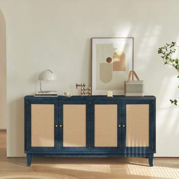 Jamie 59.8" W 4 Rattan Doors Multi-functional Storage Antique Accent  Cabinets with 2 Adjustable Inner Shelf And Pine Legs-Maison Boucle