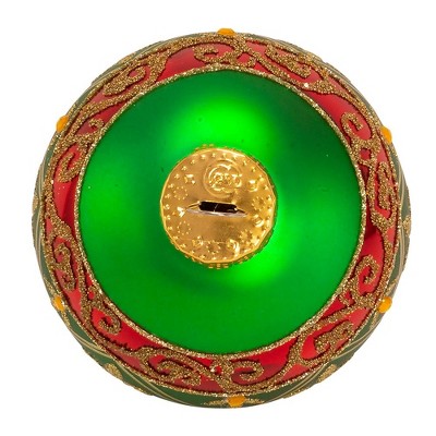 Green and Gold Glass Ball Ornaments with Fleur-de-Lis, Set of 6