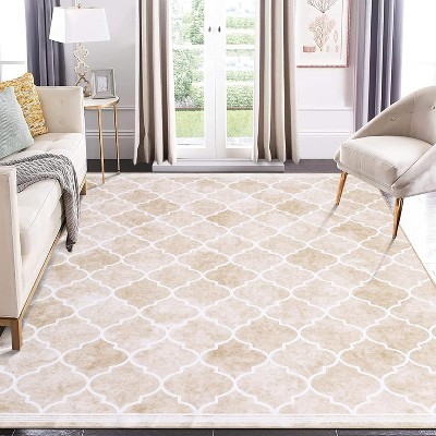 Machine Washable Area Rug Boho Low Pile Rug Geometric Trellis Non Slip Backing Rug Foldable Ultra-Thin Carpet