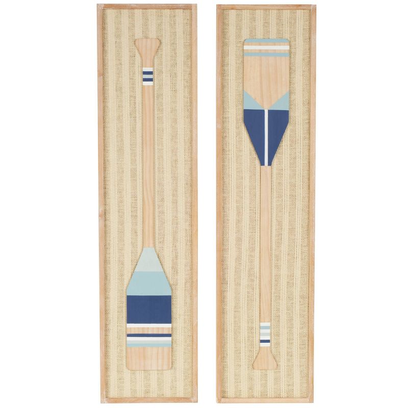 Olivia &#38; May Set of 2 Wood Paddle Wall Decors with Blue and White Striped and Woven Paper Backing Cream, 1 of 8
