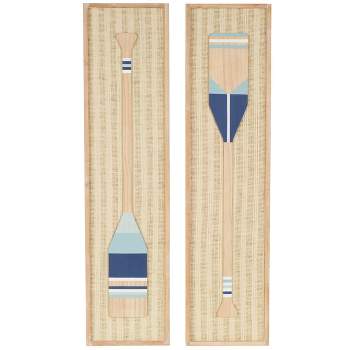 Olivia & May Set of 2 Wood Paddle Wall Decors with Blue and White Striped and Woven Paper Backing Cream