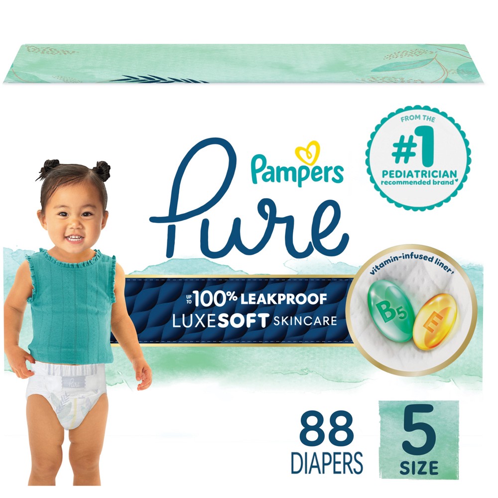 pampers pure protection diapers pack - size 5 - 88ct: 27+ lbs, wetness indicator, hypoallergenic, chlorine-free