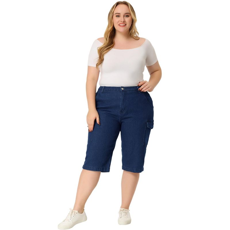 Agnes Orinda Women's Plus Size Jeans Zipper Slash Pocket Button Denim Cargo Shorts, 3 of 7