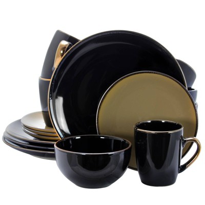 16pc Stoneware Wild Pattern Square Dinnerware Set Black - Elama