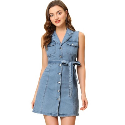 INSPIRE CHIC Women's Sleeveless Notched Lapel Waist Belted Denim Dress