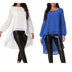 INSPIRE CHIC Women's Lantern Long Sleeve Round Neck High Low Irregular Hem Casual Blouse 2 Packs - 1 of 4