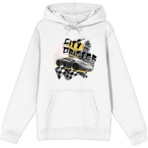City Drifter Race Car With Flag And Clock Tower Adult Long Sleeve Hoodie - 1 of 2