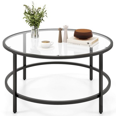 Costway 36'' Round Coffee Table Tempered Glass Tabletop Metal Frame Living Room Black