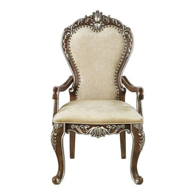 Latisha Antique Oak and Gray Upholstered Arm Chair with Silver Detailing