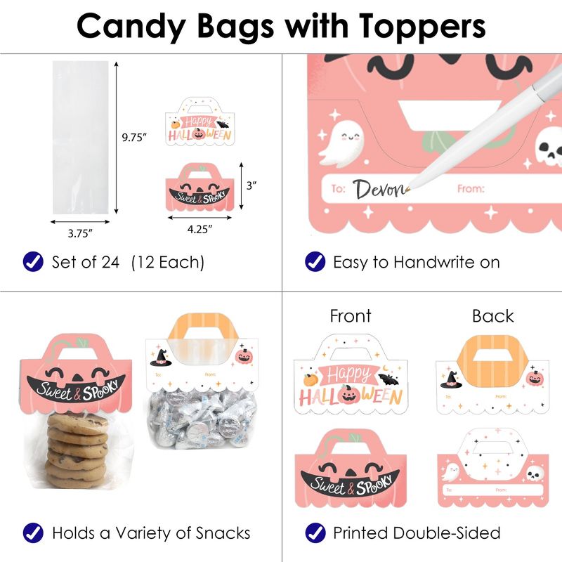 Big Dot of Happiness Pastel Halloween - DIY Pink Pumpkin Party Clear Goodie Favor Bag Labels - Candy Bags with Toppers - Set of 24, 3 of 9