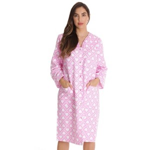 Dreamcrest Womens Snap-Front House Coat Flannel Duster Nightgown with Pockets - 1 of 3