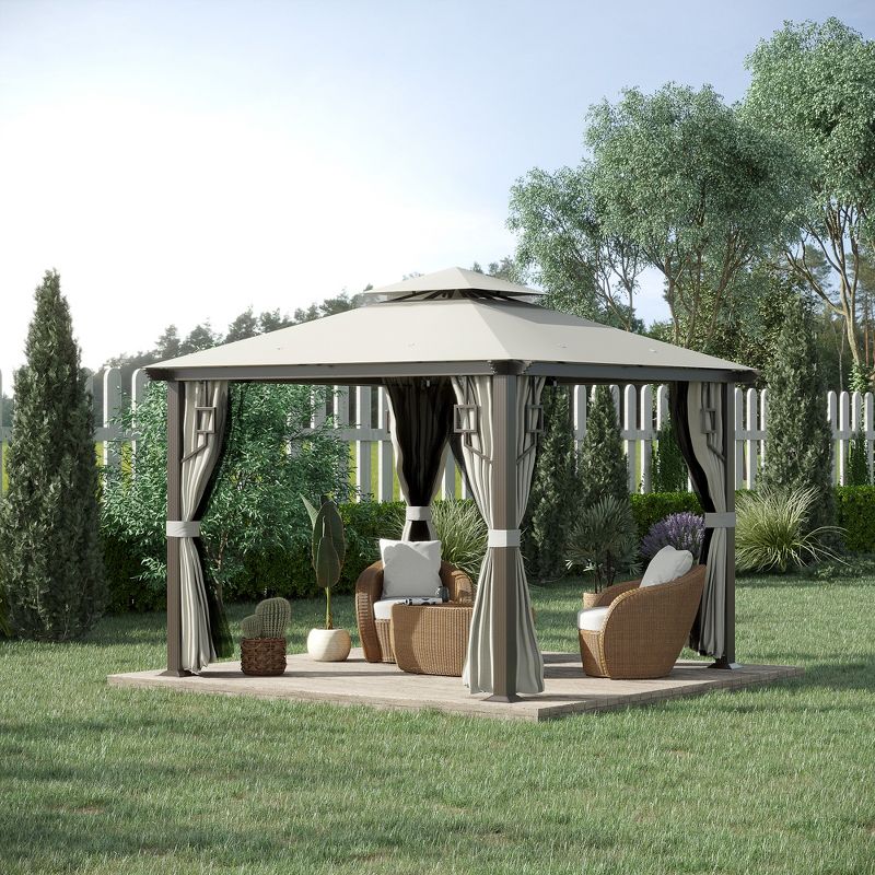 Outsunny 10' x 10' Patio Gazebo Outdoor Canopy Shelter with Aluminum Frame, Double Tier Roof, Netting and Curtains for Garden, Lawn, Cream White, 2 of 7