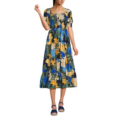 Lands' End Women's Smocked Cotton Dobby Midi Puff Sleeve Dress