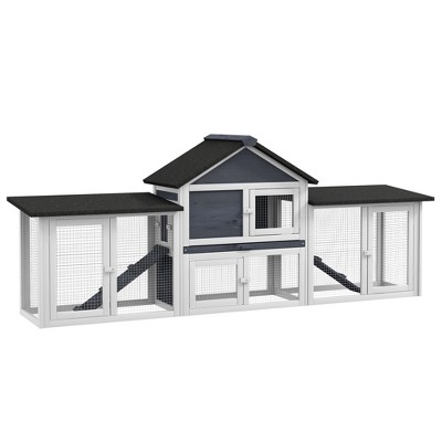 PawHut 83" Wooden Rabbit Hutch Large Bunny Hutch House with Double Run, Removable Tray and Waterproof Roof for Outdoor