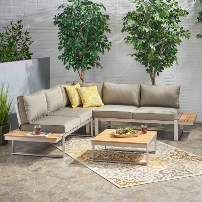 Outdoor Furniture Set, 4 Pcs Sofa Set with Side Table and Coffee Table, Sectional Sofa with Aluminium Frame and PE Cushions-Coolbibila