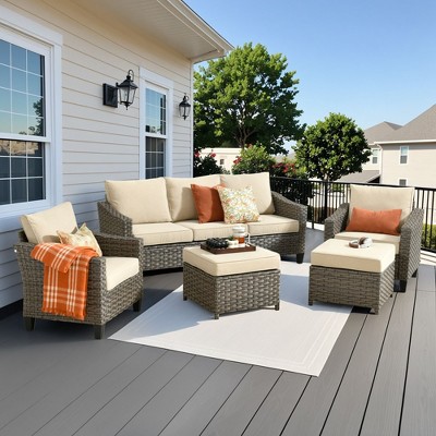 XIZZI 4-Season Outdoor Sofa Set w/ Optional Firepit - 3+2+2 Seating, 4 Colors (Navy, Orange, Green, Beige), Weatherproof Patio Furniture for Yard