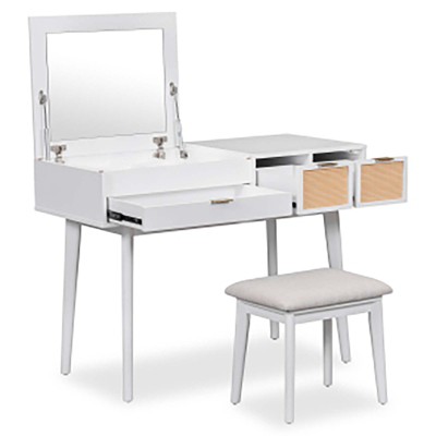 Makeup Vanity Desk With Flip-top Mirror, 3 Drawers, Stool, Storage Space Wood Vanity Dressing Table, Mid Century Modern Dressing Table For Living Room