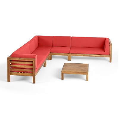 Oana 6pc Acacia Wood Sectional Sofa Set - Teak/Red - Christopher Knight Home