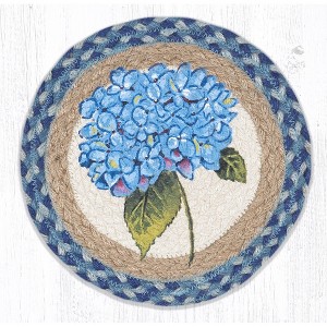 Earth Rugs Blue Hydrangea Printed Round Trivet – 10"x10" Braided Jute Floral Mat with Hand-Stenciled Garden-Inspired Design - 1 of 3