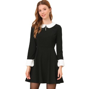 Allegra K Women's Peter Pan Collar Contrast Button Decor Long Sleeve Flare Dress - 1 of 4