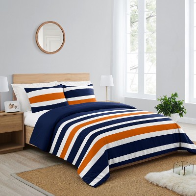 Navy and Orange Striped Full Microfiber Comforter Set