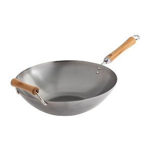 Joyce Chen Classic Series 14-Inch Uncoated Carbon Steel Flat Bottom Wok with Birch Handles - 1 of 4