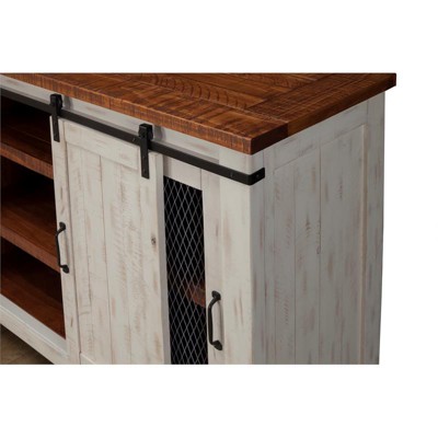 Antique White and Aged Distressed Pine 65" TV Stand with Cabinet