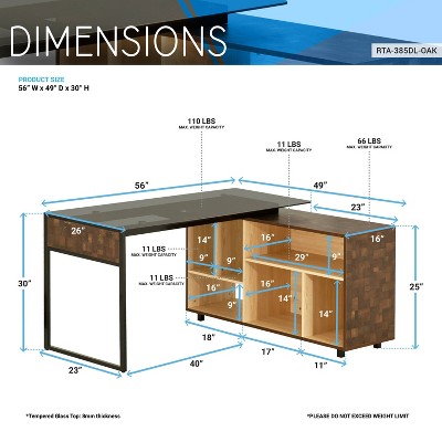 Elegant Rustic Oak L-Shaped Desk with Glass Top & Storage